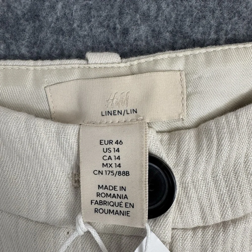 NEW H&M White Linen Wide-Leg Women's Dress Pants, Size 14, Zipper, Flat Front
